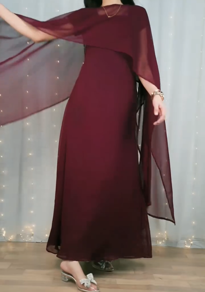 Flow & Flare Maroon Georgette Cape Dress