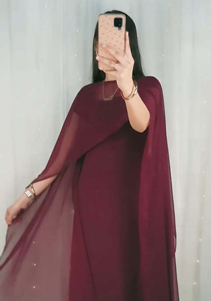 Flow & Flare Maroon Georgette Cape Dress